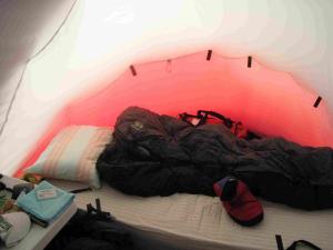 Inside clamshell tent